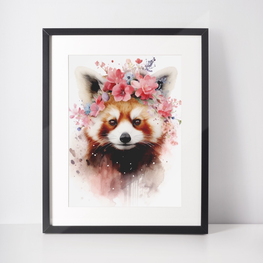 Cute Floral Red Panda Watercolor Wall Art Illustration Print Poster Unframed - Picture 2 of 7